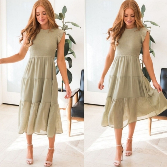 [ Roolee Boho Minimalist Modest Light Olive Green Smocked Ruffled Midi Dress ] - Picture 15 of 15